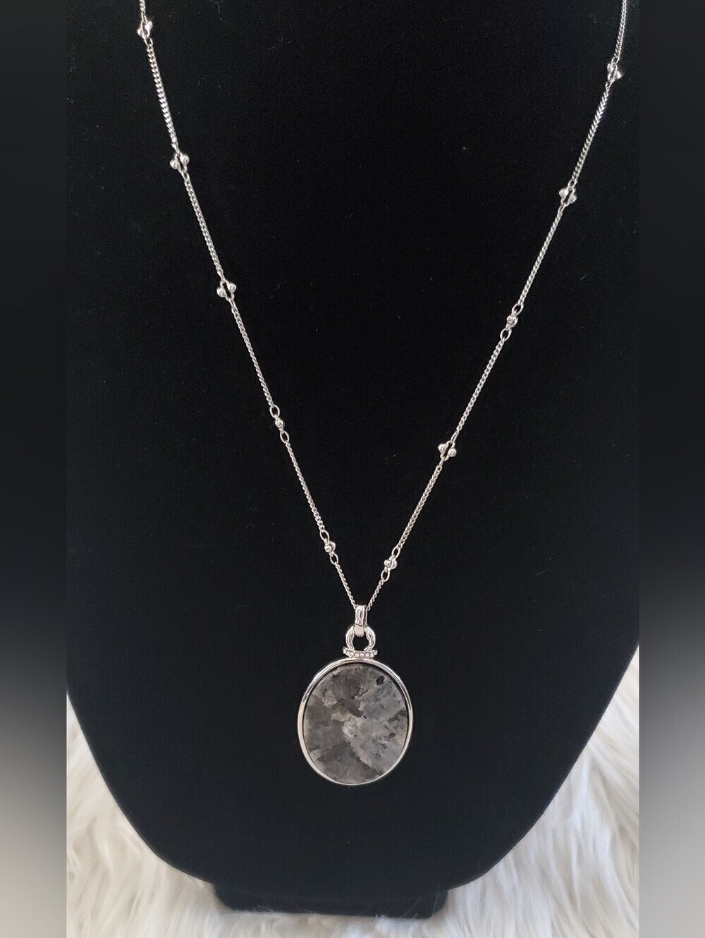 WHBM Silver Tone Black Gray Natural Stone Oval Pendant Long Necklace